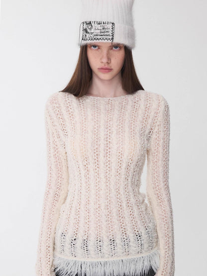 Cable-Knit Faux-Fur Trim Fitted Sweater