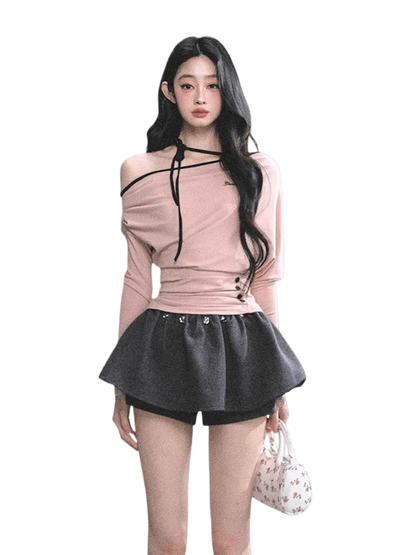 Off-Shoulder Halter Long-Sleeve T-Shirt