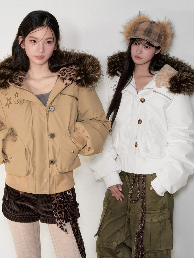 Studded Faux Fur Collar Bomber Down Jacket