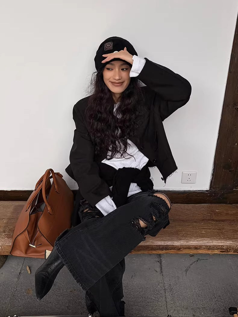 Washed Fringe-Edge Collarless Cropped Blazer