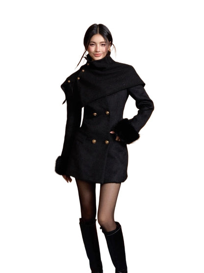 Short Slim Wool Coat with Detachable Faux Fur