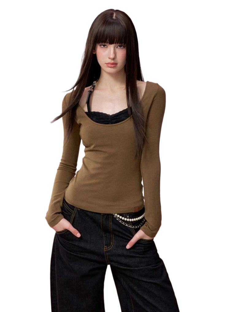 Lace-Panel Contrast Fitted Knit T-Shirt