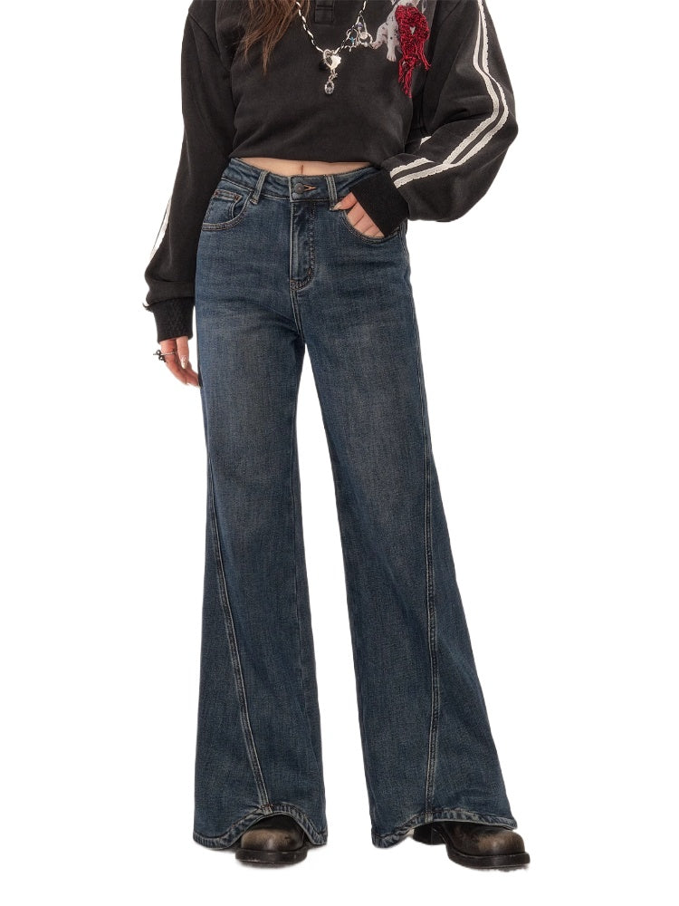 Wavy Hem Bell-bottom Straight-Leg Jeans