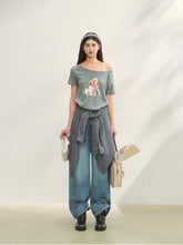 Asymmetric Shoulder Bow Puppy Printed T-Shirt - CHINASQUAD