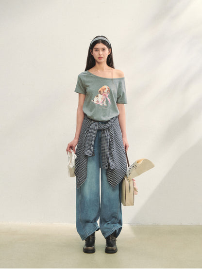 Asymmetric Shoulder Bow Puppy Printed T-Shirt - CHINASQUAD