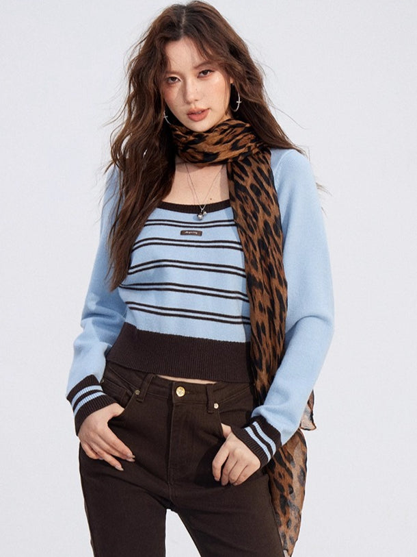 Vintage Square-Neck Layered Knit Blouse