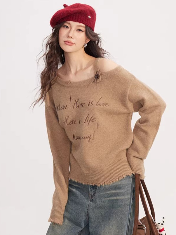 Deconstructed Off-Shoulder Embroidered Knit Sweater