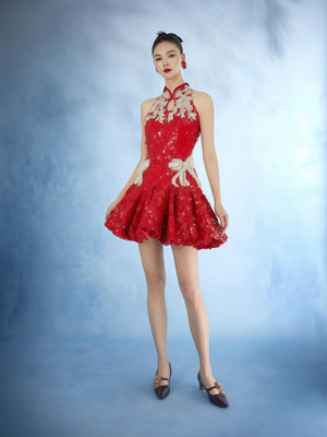 Oriental Rouge Embellished Halter Mini Dress