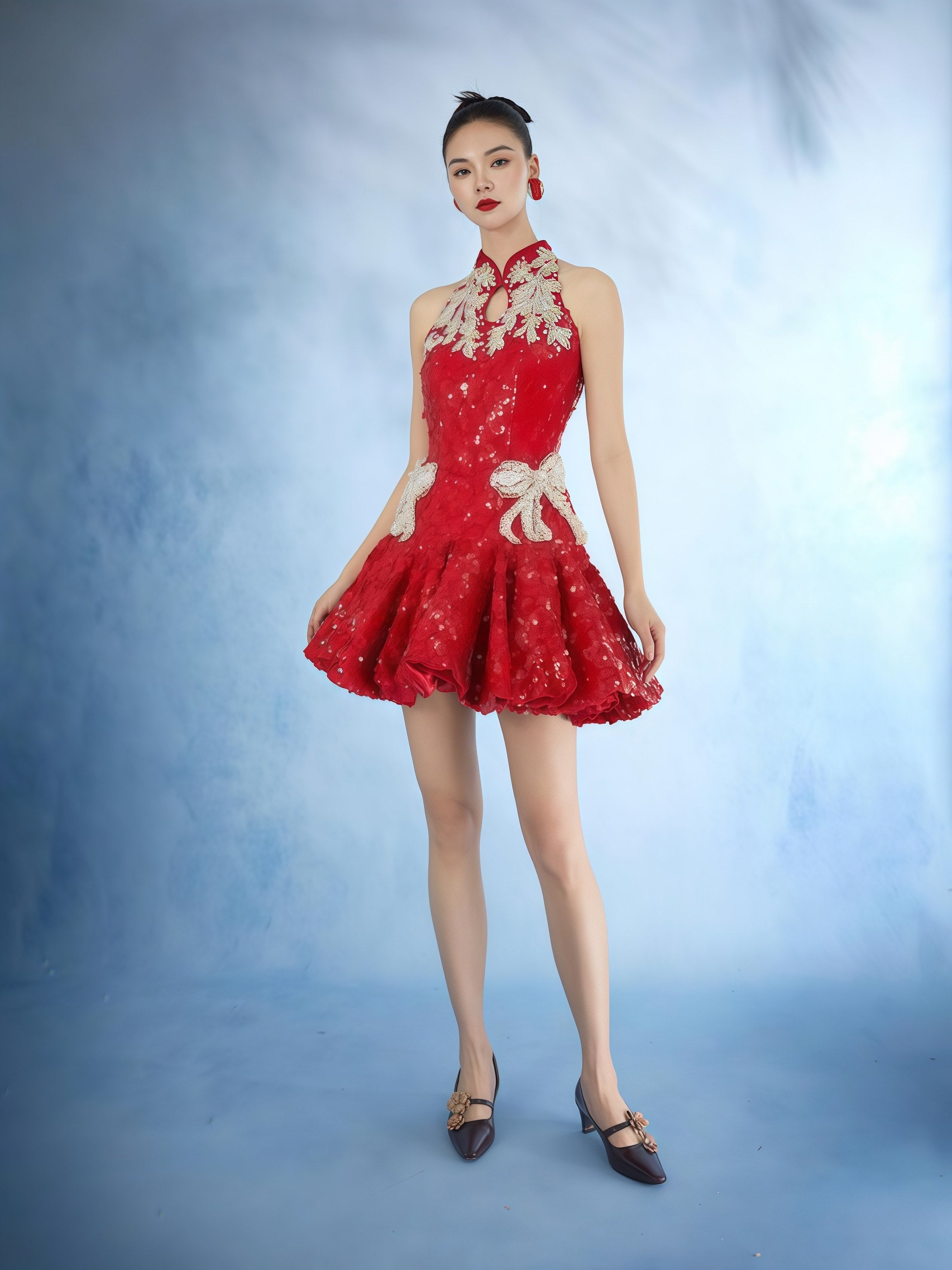 Oriental Rouge Embellished Halter Mini Dress