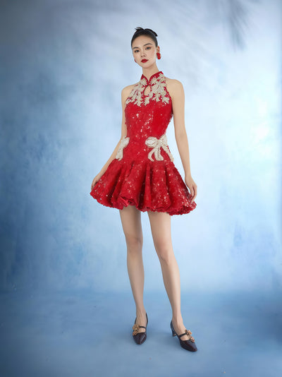 Oriental Rouge Embellished Halter Mini Dress