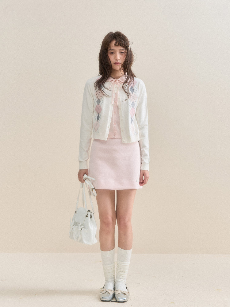 Faux Two-Piece Pink and White Argyle Knit