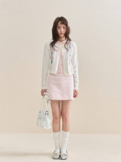 Faux Two-Piece Pink and White Argyle Knit