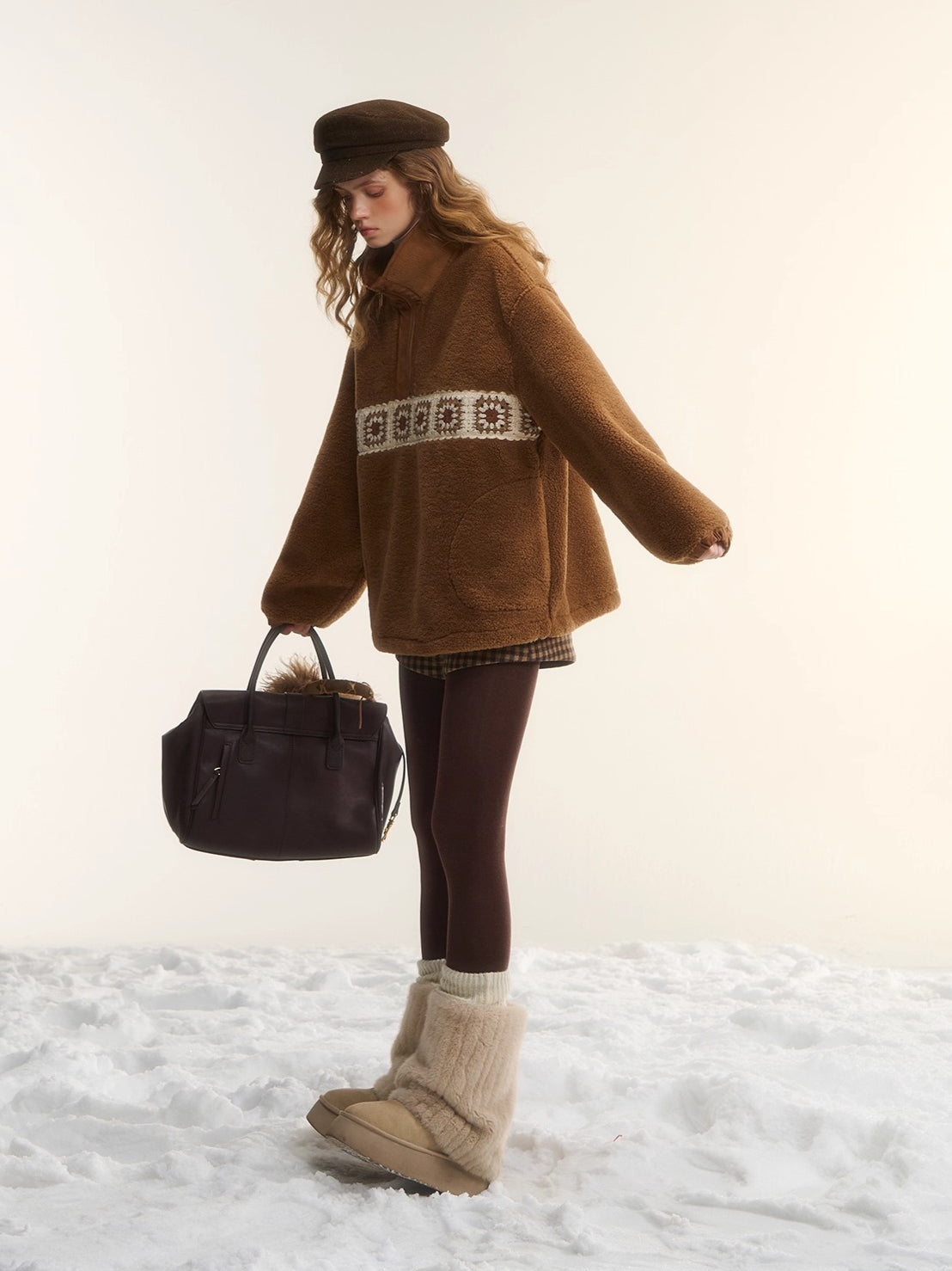 Patchwork Teddy Fleece Zip-Up Sweater