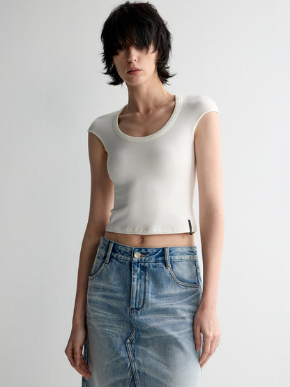Deep U-Neck Ruffled Short Sleeve T-shirt