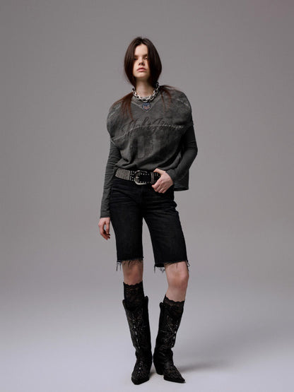 Washed Raw-edge Embroidered Denim Shorts