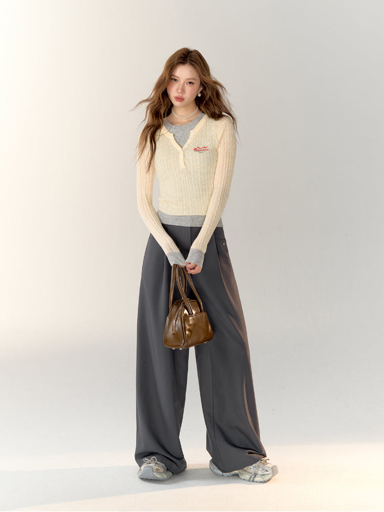 Lace Spliced High-Waisted Straight-Leg Wide Pants