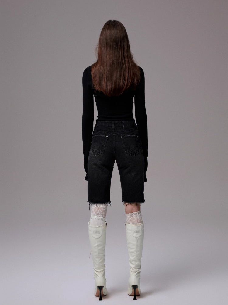 Washed Raw-edge Embroidered Denim Shorts