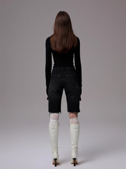 Washed Raw-edge Embroidered Denim Shorts
