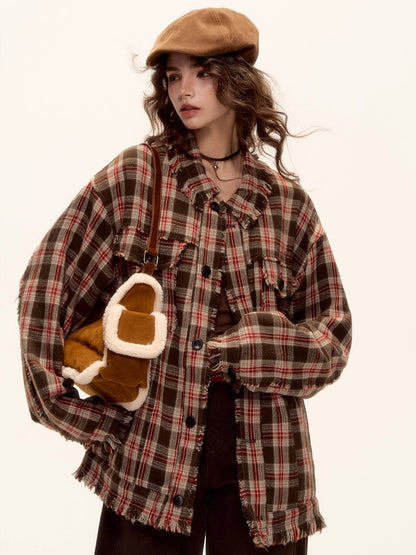 Wool Blend Checkered Contrast Fringe Shirt