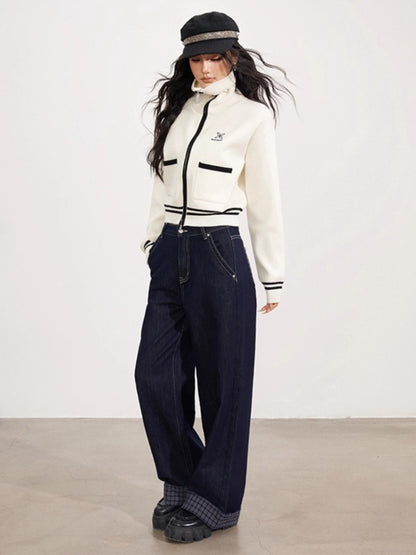 Contrast Trim Zip-Up Sailor Collar Knit Cardigan