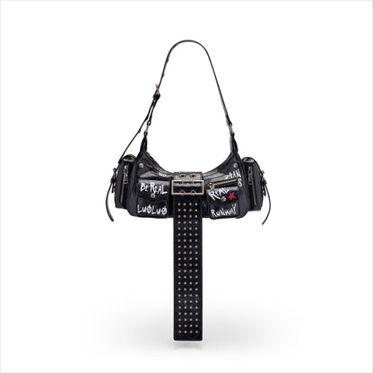 Graffiti-Print PU Cracked-Leather Bag