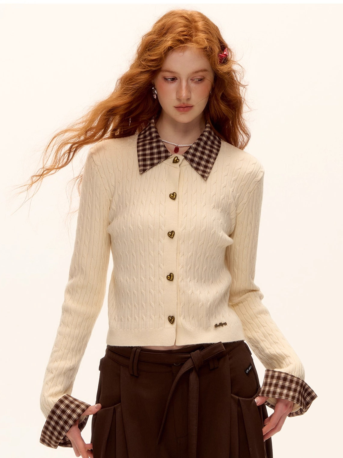 Wool Blend Plaid Patchwork Cable Knit Cardigan