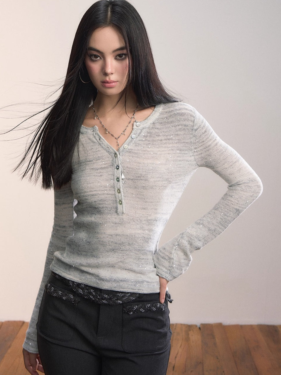 Sequin-Kissed Mélange Henley Knitwear
