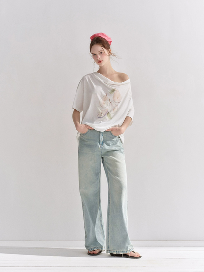 Pear Embellished Draped Off-Shoulder Relaxed T-Shirt