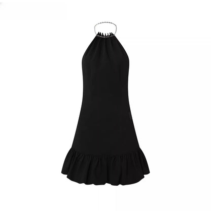 Chain Halter Bubble-Waist Mini Dress