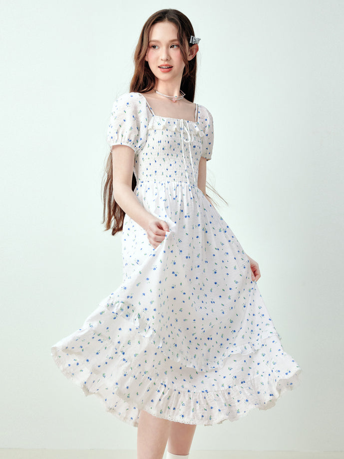 White Floral Puff Sleeve Square-neck Dress