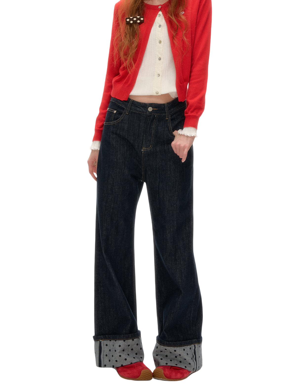 Contrast Cuff Polka Dot Denim Straight-Leg Jeans