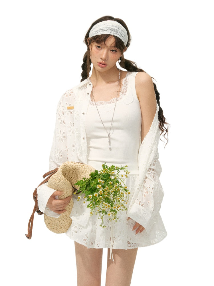 Collar Cut-Out Floral Shirt &amp; Skirt Set