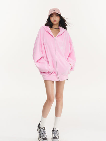 Pink Velvet Drawstring Oversized Hoodie