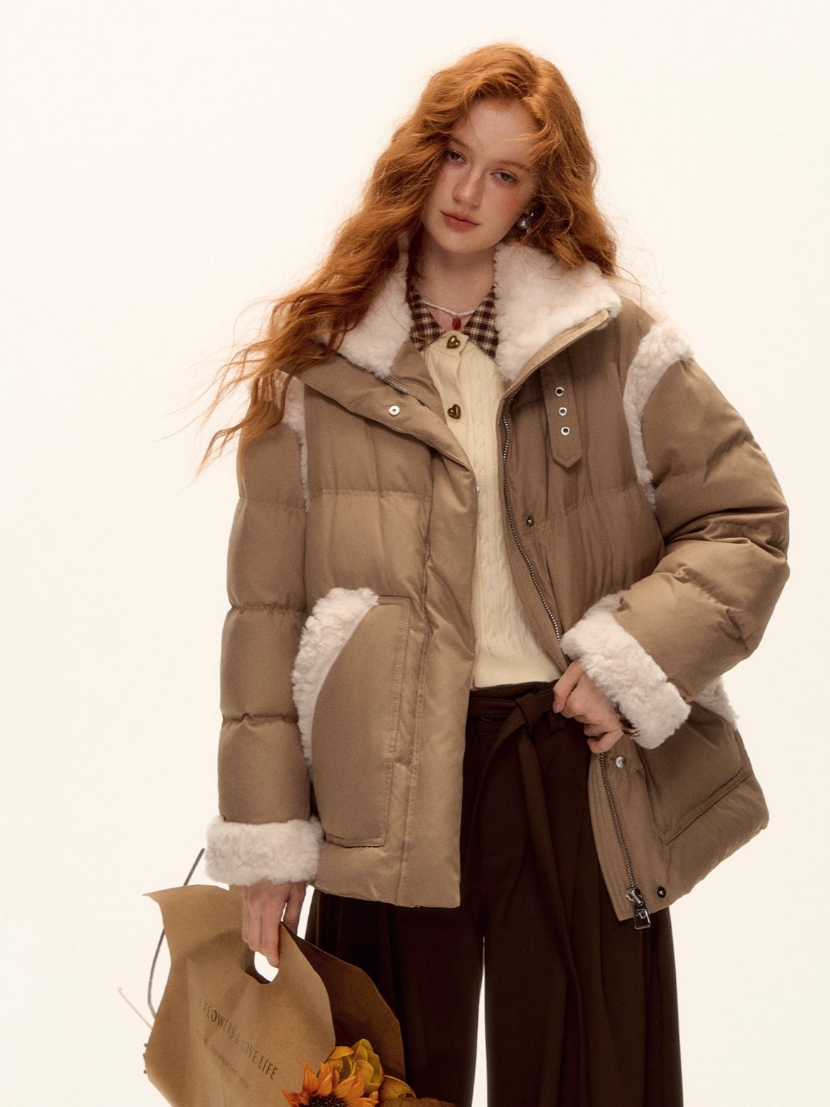 Faux Shearling Panel Down Jacket