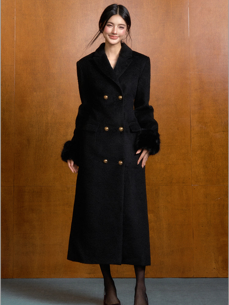 Detachable Fur Waist-Fitted Wool Coat &amp; Scarf Set