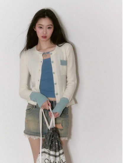 White &amp; Dark Gray Color-blocked Knitted Cardigan