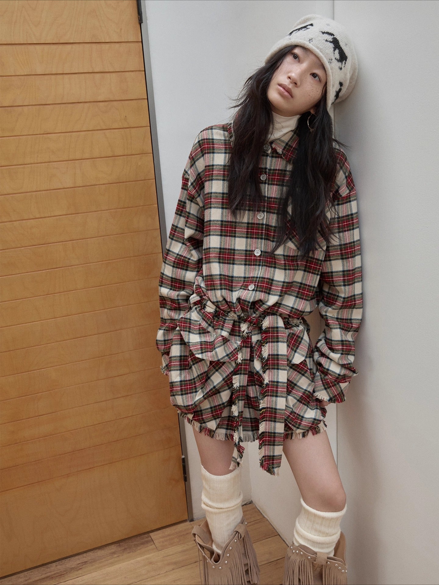 Vintage Red Plaid Frayed-Edge Utility Shirt Dress