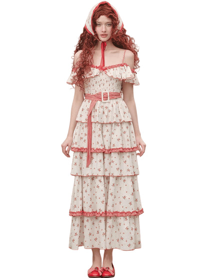 French Pastoral Floral Tiered Maxi Dress