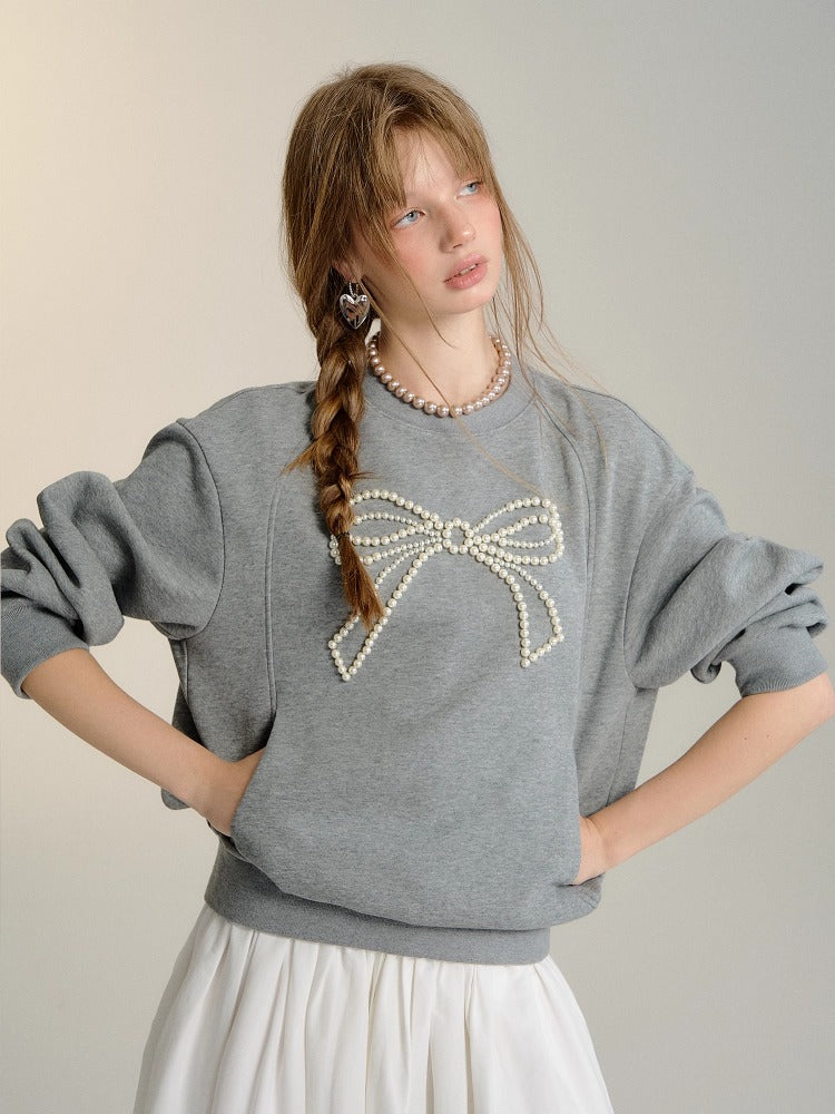 Gray &amp; Navy Blue Butterfly Knot Beaded Pullover Sweatshirt