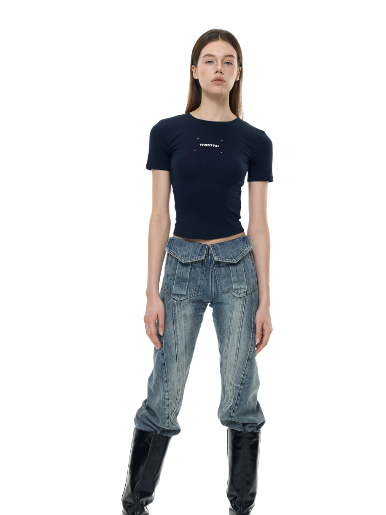 Letters Print Baby Tee In Navy blue