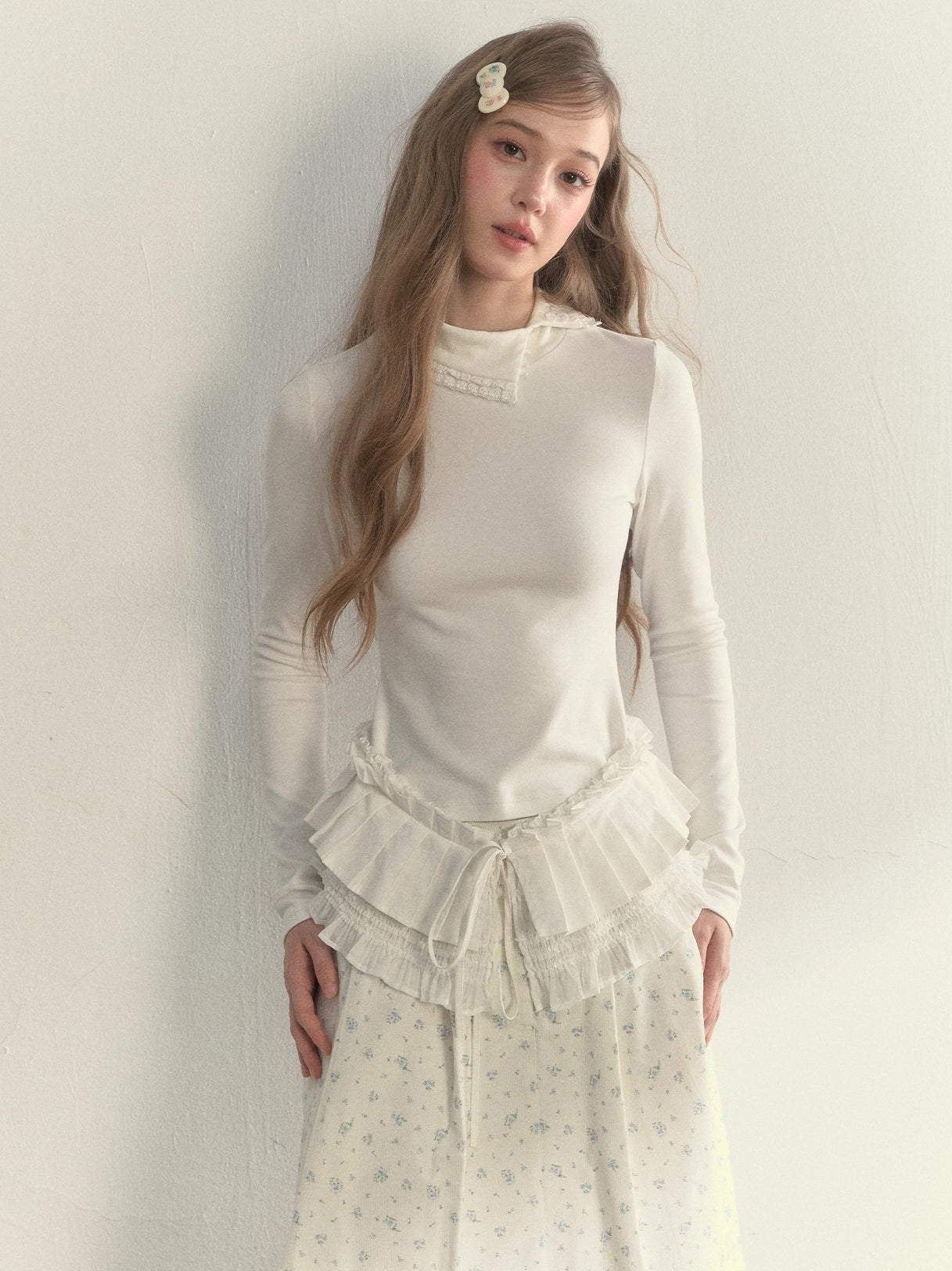 Layered Pleated Mock-Neck Knit T-Shirt