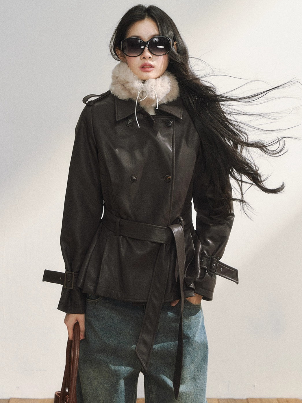 Vintage Brown Belted Faux Leather Wool Jacket