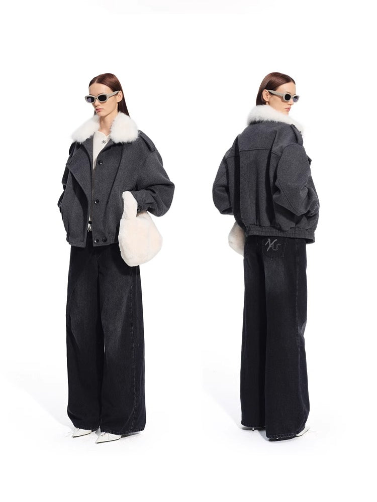 Faux Fox Fur Wool-Blend Aviator Jacket