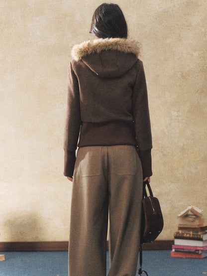 Fur Collar Faux-Layered Wool-Blend Jacket