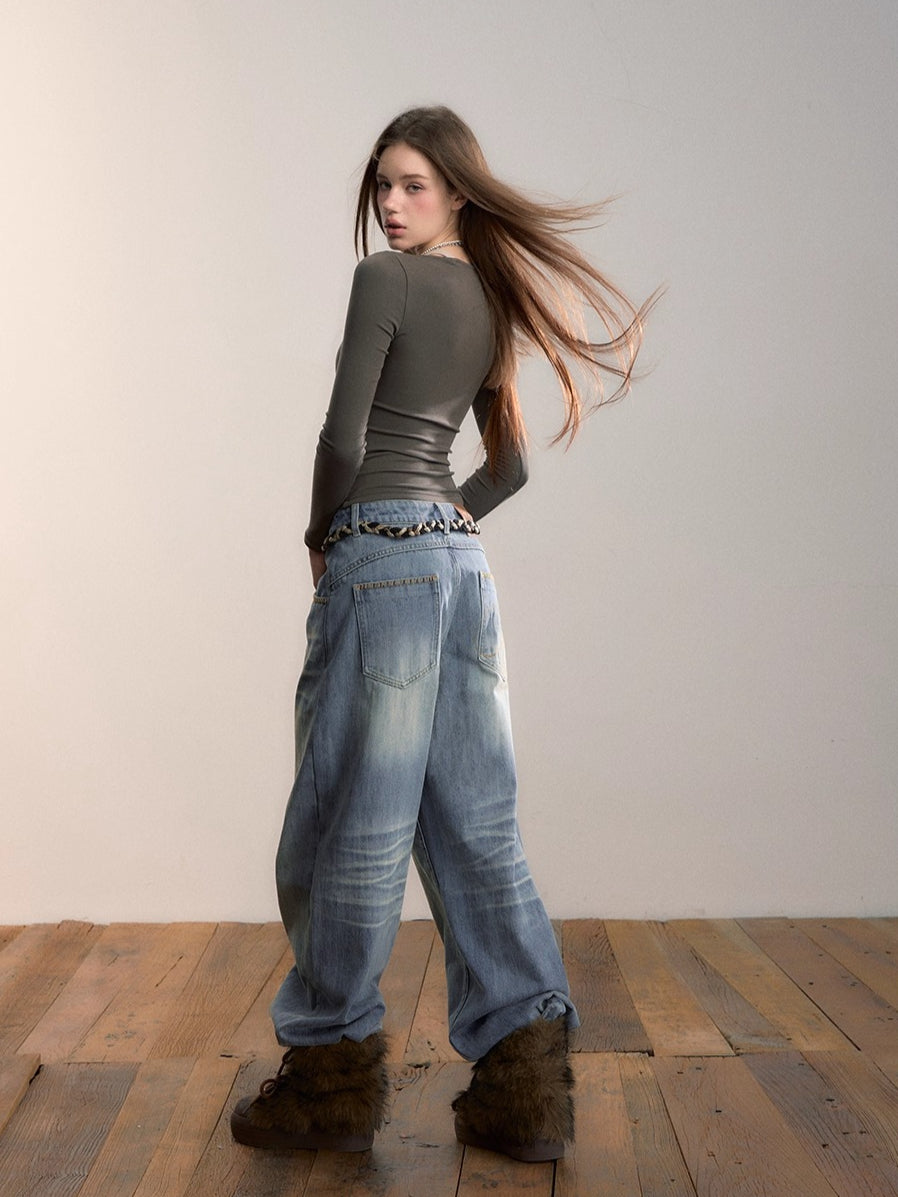 Belted Contrast Panel Knit Layered T-Shirt