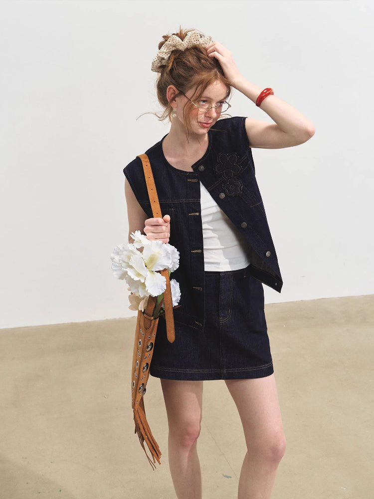 Layered Relaxed Denim Vest &amp; Skirt Set