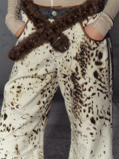 American Leopard Print Wide-Leg Denim Pants