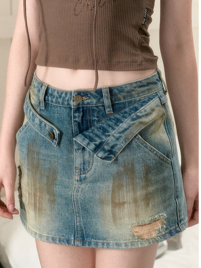 Denim Blue Distressed A-line Skirt