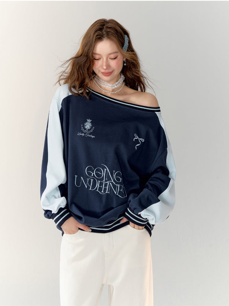 American Style Sporty Color-block Off-Shoulder Sweatshirt