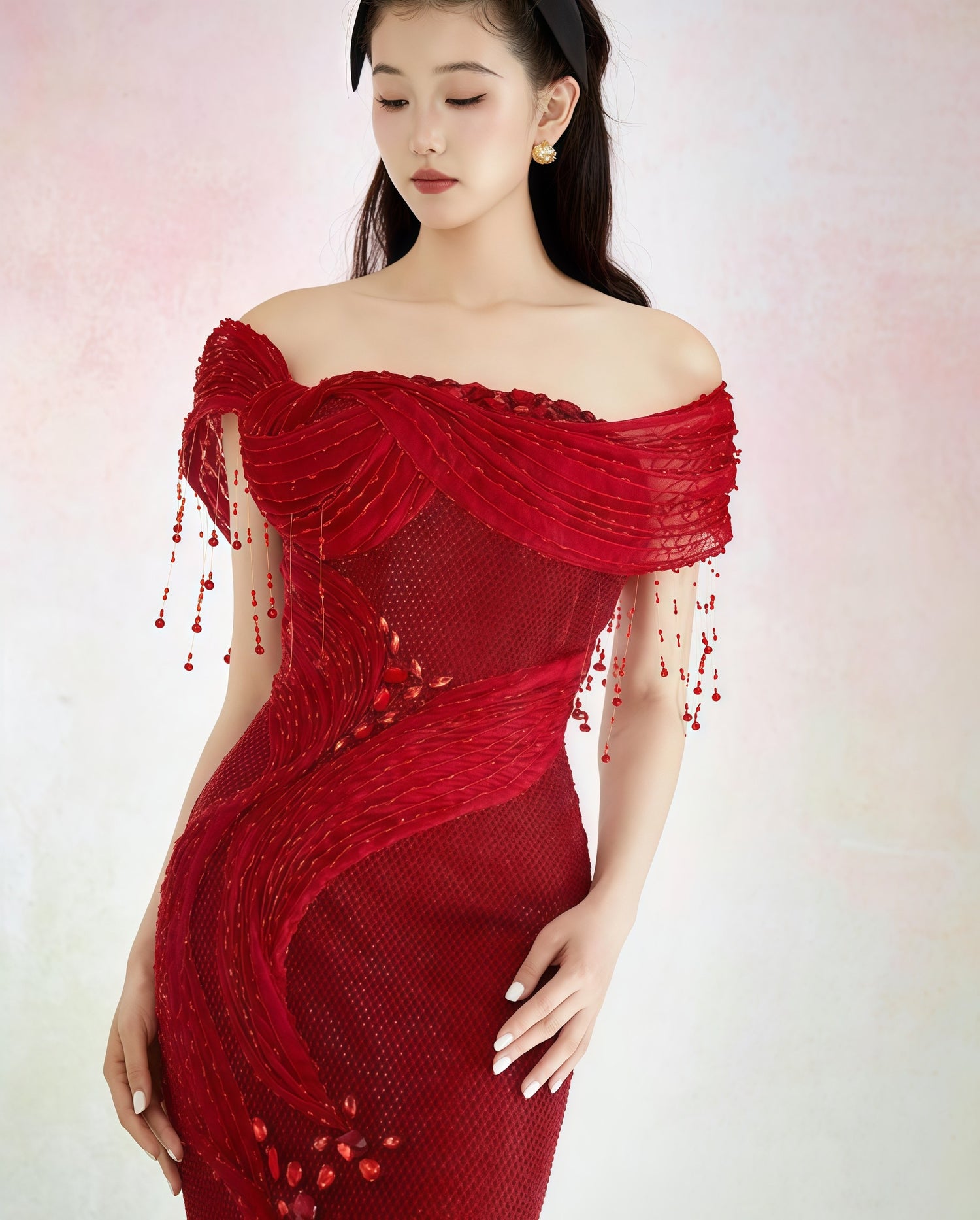 Crimson Draped Beaded Off-Shoulder Mermaid Gown